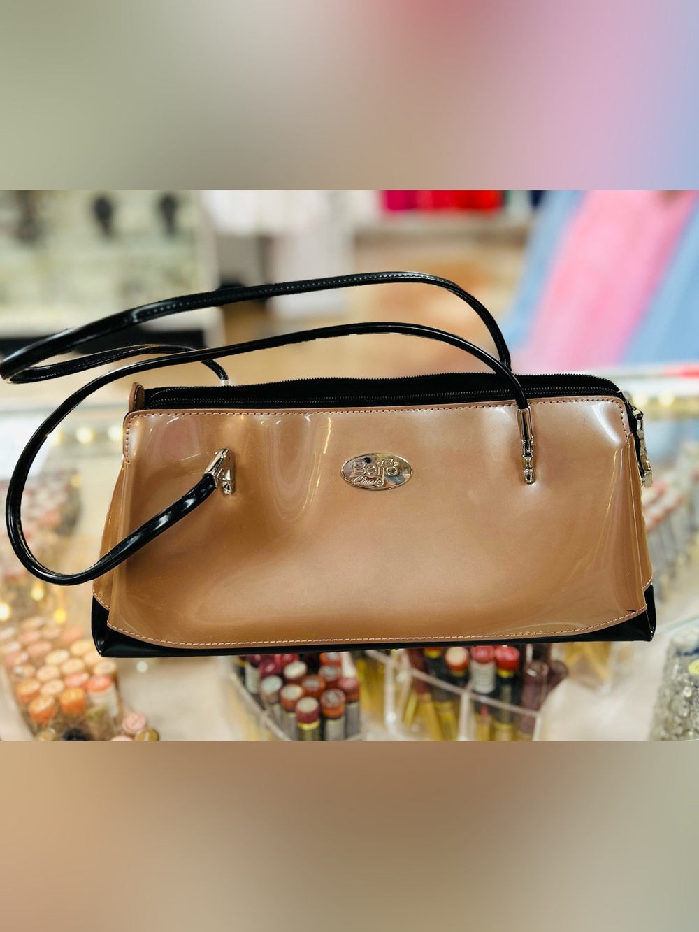 Beijo Tan Patent Tote with Black Trim